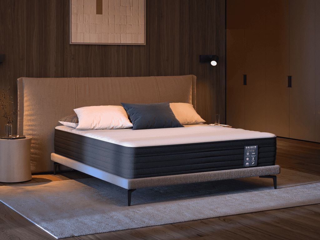 Origin mattress on a stylish bedframe in a modern bedroom